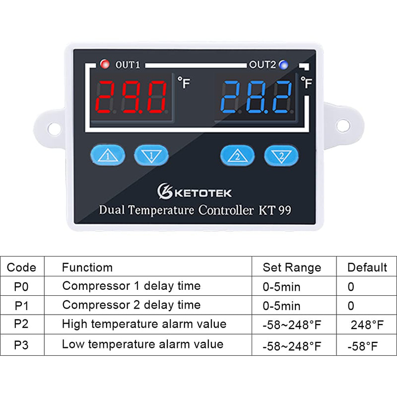 [Australia - AusPower] - KETOTEK KT99 Temperature Controller 120V 10A Digital Thermostat Regulator Switch Dual 1.5m Waterproof Probe for Heater Cooler Fahrenheit Display Aquarium 
