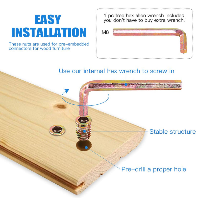 Glarks 50Pcs 5/16"-18 x20mm Threaded Inserts Nuts Zinc Plated Carbon Steel Hex Socket Drive Furniture Flanged Screw-in Nut with M8 Hex Wrench for Wood Furniture (5/16''-18 x 20mm) 5/16''-18 x 20mm