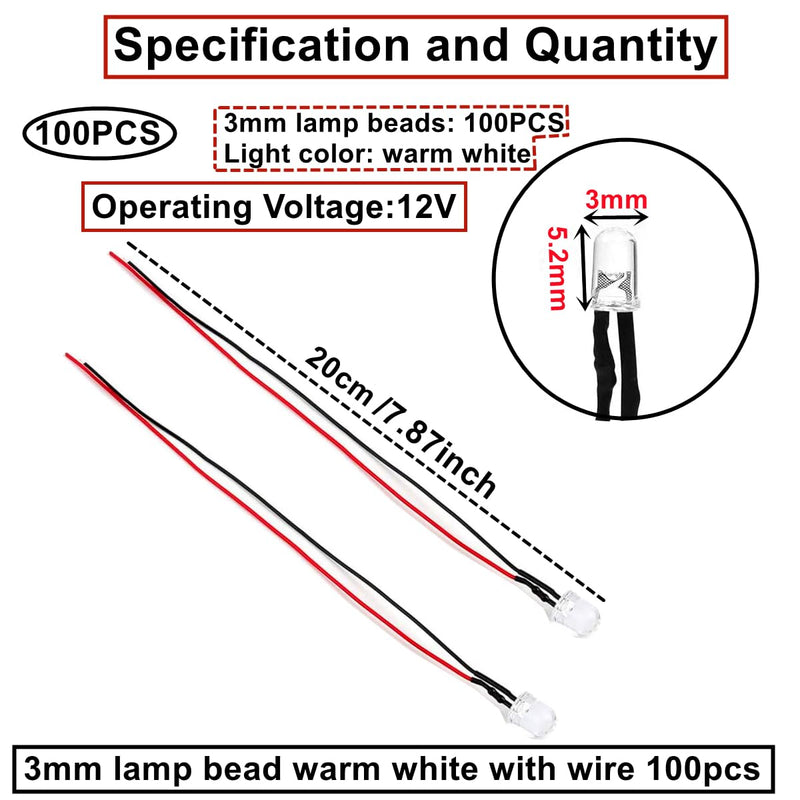 [Australia - AusPower] - HUAZIZ Pack of 100 Pre-Wired LED, Diode Light, 12 V Pre-Wired Light, Warm White, LEDs 3 mm Warm White with Cable, 20 cm, 12 V 