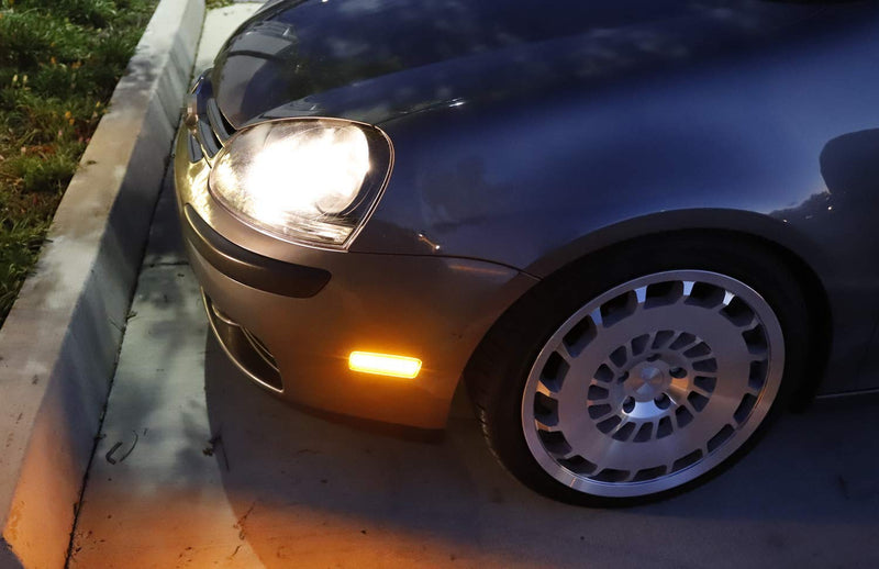 iJDMTOY Smoked Lens Amber Full LED Bumper Side Marker Light Kit Compatible With Volkswagen 2006-2009 MK5 Golf/GTI Rabbit, 2005-2010 Jetta, 2008 R32, 40-SMD LED, Replace OEM Front Sidemarker Lamps Smoked Lens Amber LED