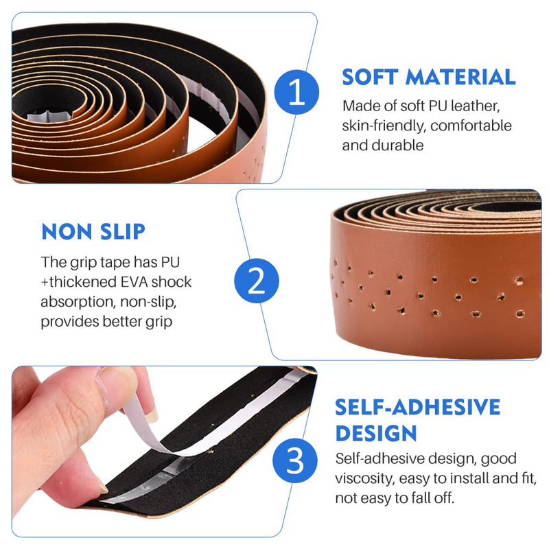 2 Rolls Bike Handlebar Tapes with 2Pcs Handle End Plugs and 2Pcs Finishing Tapes, Self-Adhesive Multifunctional Bicycle Handlebar Tapes, 210x2.8cm/82.68x1.1inch, PU+EVA(Color:Brown) Brown