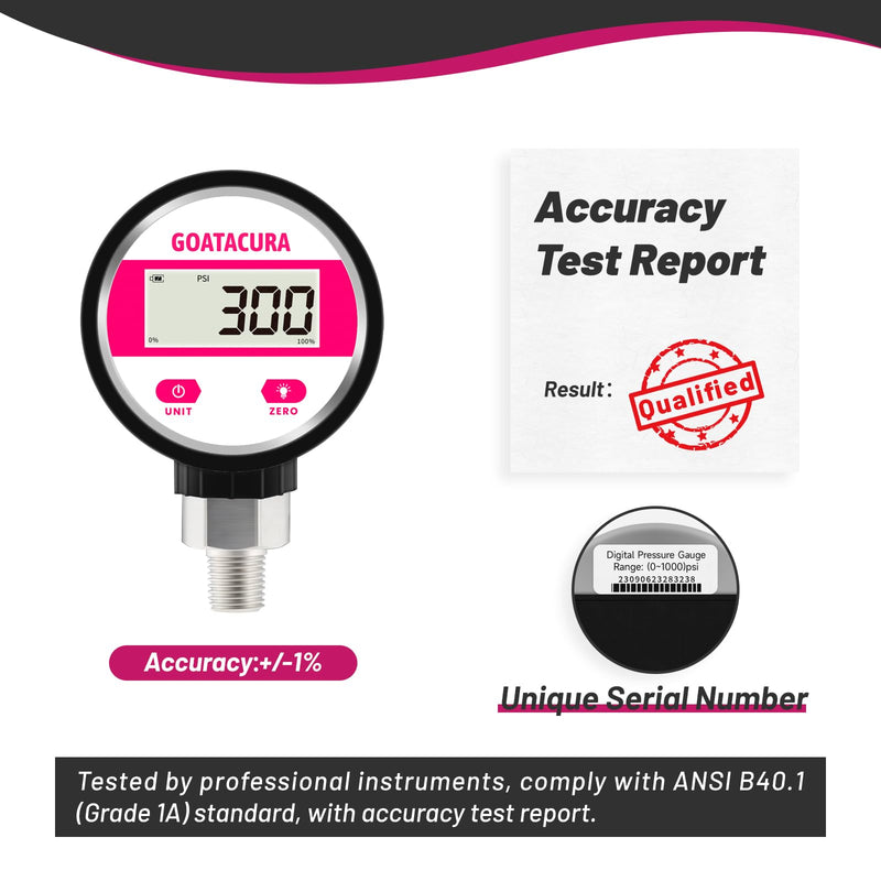 [Australia - AusPower] - 0-1000psi Digital Industrial Pressure Gauge, 2-1/2" Dial Size, 1/4" NPT Lower Mount, 304 Stainless Steel Case and Connection, 1% High Accuracy, with Protective Sleeve 0-1000psi 