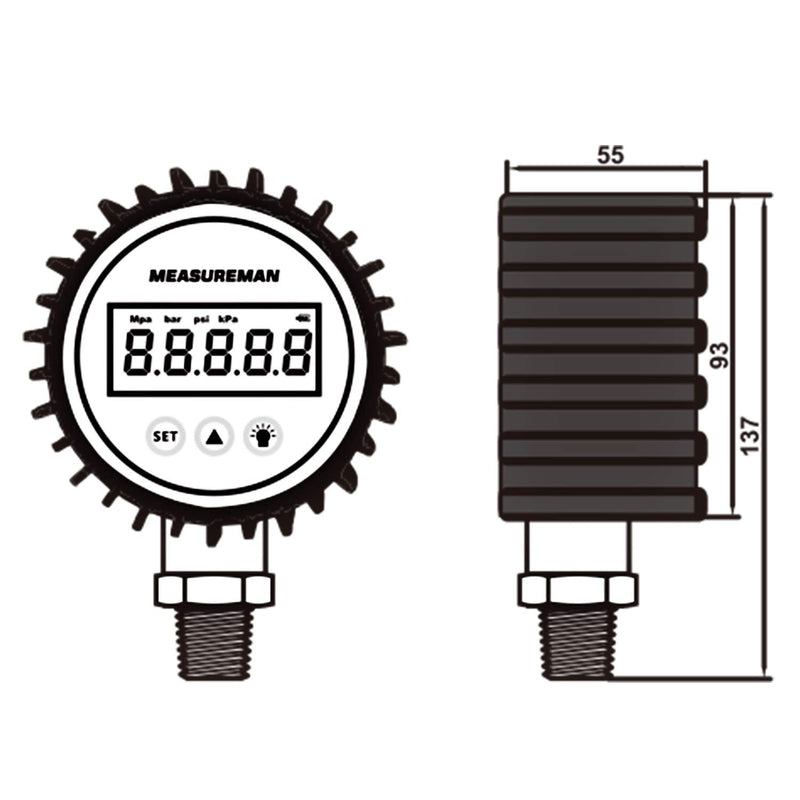 [Australia - AusPower] - MEASUREMAN 3-1/8" Dial Size, Digital Pressure Gauge, 0-300psi/bar/Mpa/Kpa, 1/4" NPT Lower Mount, 0.25% Accuracy 