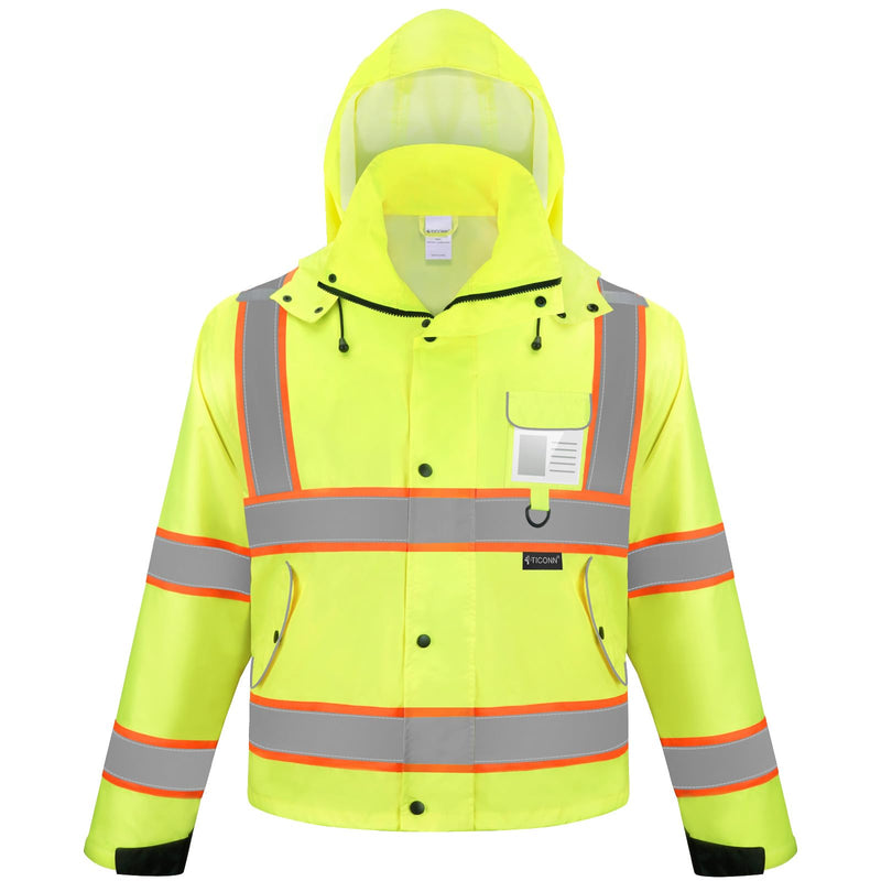 TICONN Reflective Rain Jacket Safety Jacket, Waterproof Hi Vis Rain Coat, Class III High Visibility Coat (Yellow&Black, S) Large Yellow