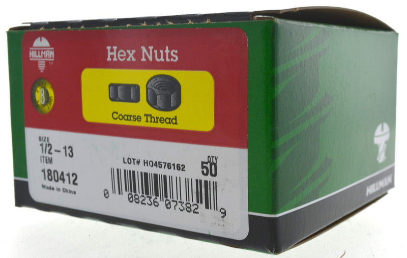 Hillman 50 Pcs Grade 8 Coarse Thread Hex Nuts (1/2"-13) | Heavy Duty Hex Nuts for Bolts & Threaded Rods | Yellow Dichromate Zinc-Plated Grade 8 Steel Fasteners for Construction & Machinery