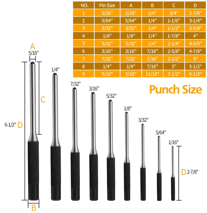[Australia - AusPower] - Pin Punch Set, 9pcs 1/16" - 5/16" Removing Repair Tools with Storage Pouch, Great for Automotive, Watch Repair, Jewelry and Craft(9pcs Pin Punch) 9pcs Pin Punches 