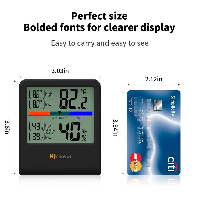 Digital Thermometer Hygrometer, Indoor Wall Thermometer Humidity Indoor with High Accuracy, Suitable for Greenhouse, Home and Office, AAA Battery (Black) Black