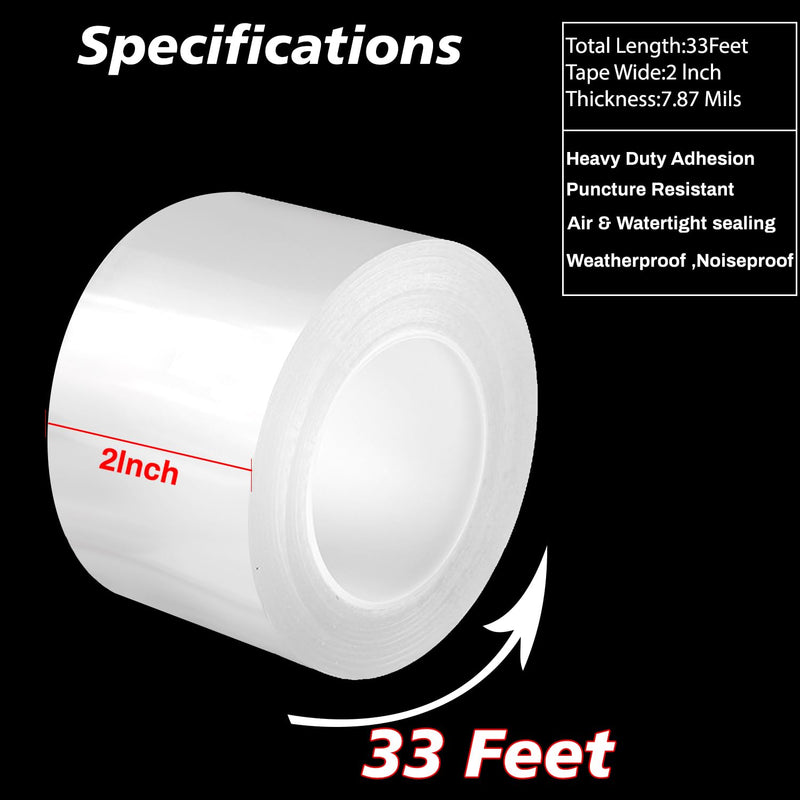 Window Weather Sealing Tape 2 Inch x 33 FT Weather Stripping Residue-Free Clear Window Draft Isolation Sealing Film Caulk Tape for Doors and Shower Glass Gaps Bathroom 2in X 33 FT X 7.87Mils Thickness