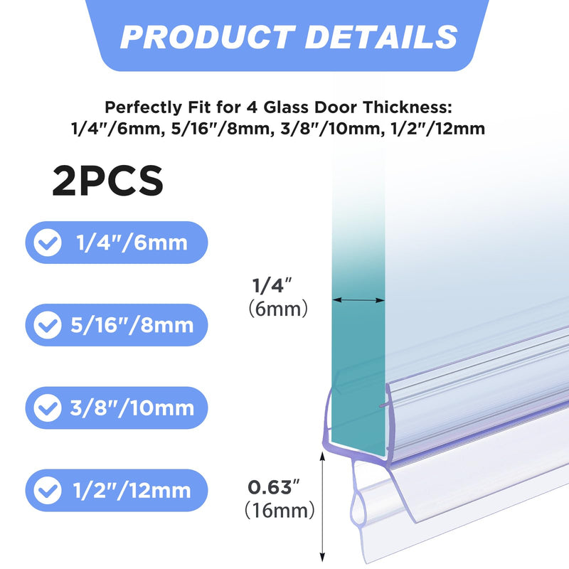 Lineshading 2 Pcs Glass Shower Door Seal Strip with Drip Rail for 1/4"(6mm) Glass, Length 27.5"/0.7m, Frameless Glassdoor Sweep Stop Shower Leaking 1/4"(6mm)