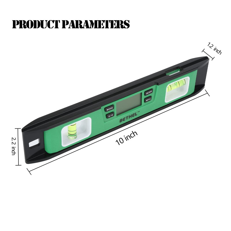 [Australia - AusPower] - BETHEL Digital Torpedo Level -10 Inch IP54 Digital Magnetized Level Protected Electronic Bubble Inclinometer/Angle Finder/LED Display & V-Groove Base (10 Inch, Green) 