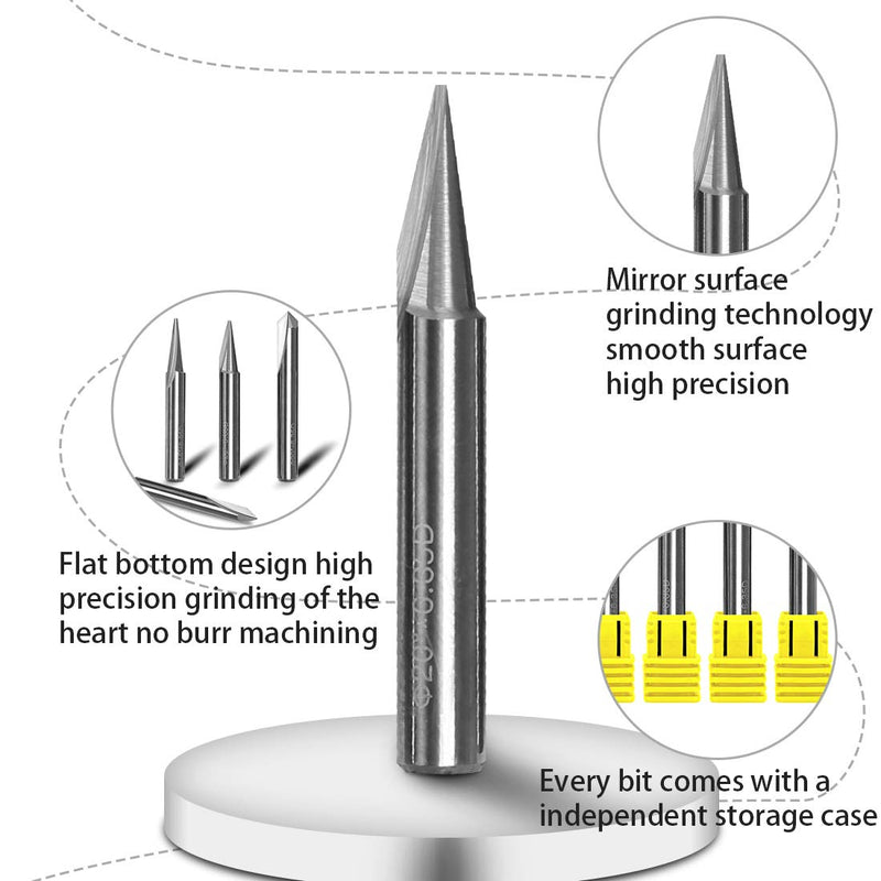 Engraving CNC Wood Carving Router Bit 1/4 Shank 15°/20°/60°/90° Engraving Bits, 2 Flutes Straight CNC V-bit Tungsten Steel Marking Conical Engraving Router Tool 4PCS Router Bit
