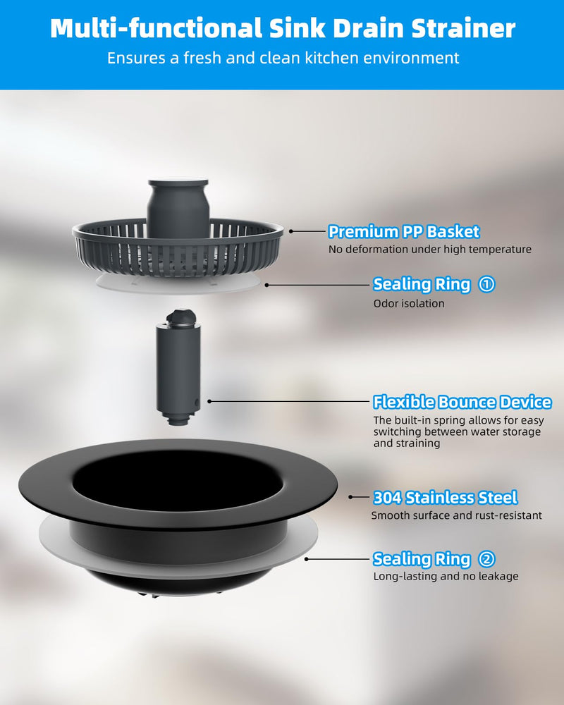 Hibbent 2 Pack 3 in 1 Kitchen Sink Drain Strainer and Stopper Combo, Stainless Steel Metal Pop Up Sink Stopper, Anti-Clogging Basket Strainer with Handle for US Standard 3-1/2 Inch Drain, Black Matte Black