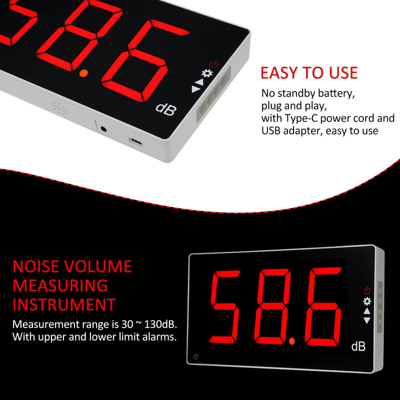 [Australia - AusPower] - Sound Level Meter with Large LCD Screen Wall Mounted Digital Noise Meter Decibel Monitoring Tester Noise Volume Measuring Instrument 30-130dB Measuring Range with Sound Alarm 