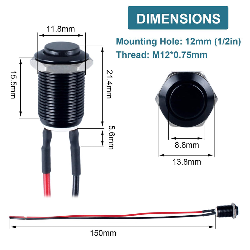[Australia - AusPower] - 5pcs 12mm Latching Push Button Switch Raised Head ON-OFF Normally Open with Pre-soldered Cable Aluminium Alloy Shell 12V 24V 36V 110V Waterproof IP66 without LED (Black) Black 