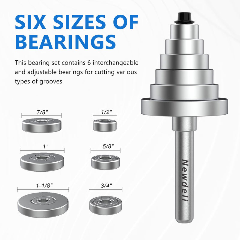 [Australia - AusPower] - Newdeli Rabbet Router Bit Set 1/4 Inch Shank - 4Pcs Rabbeting Router Bits?1/8",1/4",3/8", 1/2" Height? with 6 Bearings Set (1/2", 5/8", 3/4", 7/8", 1", 1-1/8" Bearings) - Wood Biscuit Slot Cutters 4Pcs Rabbet Router Bits-6 Bearings-1/4" Shank 