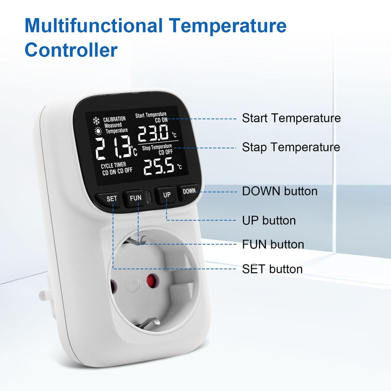 [Australia - AusPower] - Digital Temperature Controller Socket 230 V with Sensor Temperature Controller Digital Thermostat Socket Temperature Monitor with Heating and Cooling Mode for Greenhouse, Fridge, Terrarium 