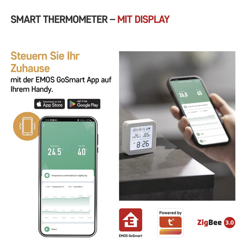[Australia - AusPower] - EMOS GoSmart - Smart Home Thermometer with App - Zigbee - Indoor Temperature Range -10 °C to +60 °C - LED Display - WiFi Clock - Switchable - Includes Battery - Google Home, Alexa Compatible - White With display 