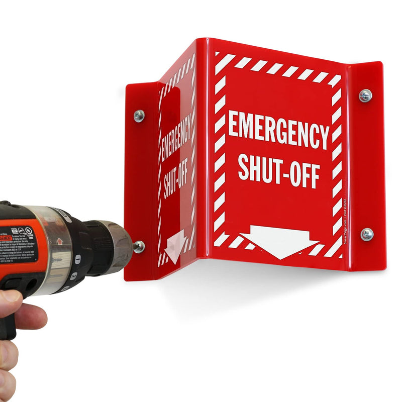 SmartSign "Emergency Shut-Off" Two-Sided V-Shaped Projecting Sign with Down Arrow and Striped Border, 6 x 5 inch, 120 mil Polished Acrylic, Red/White, Made in USA