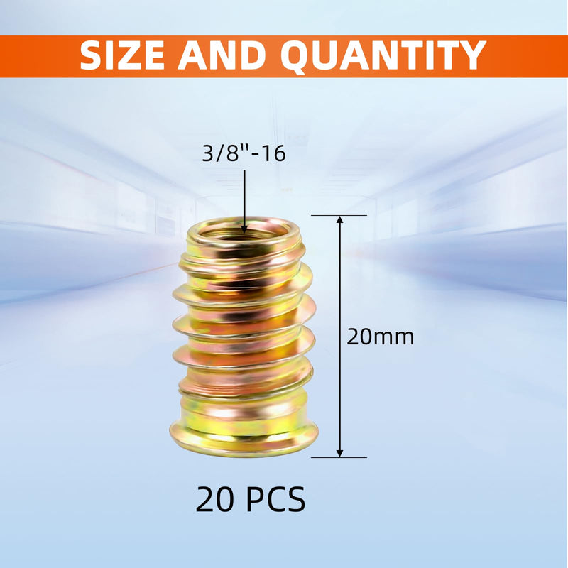 [Australia - AusPower] - 3/8"-16 Threaded Inserts for Wood Nutsert Furniture Screw-in Nut 20mm Length Hex Drive, 20 PCS 3/8"-16 x 20mm 