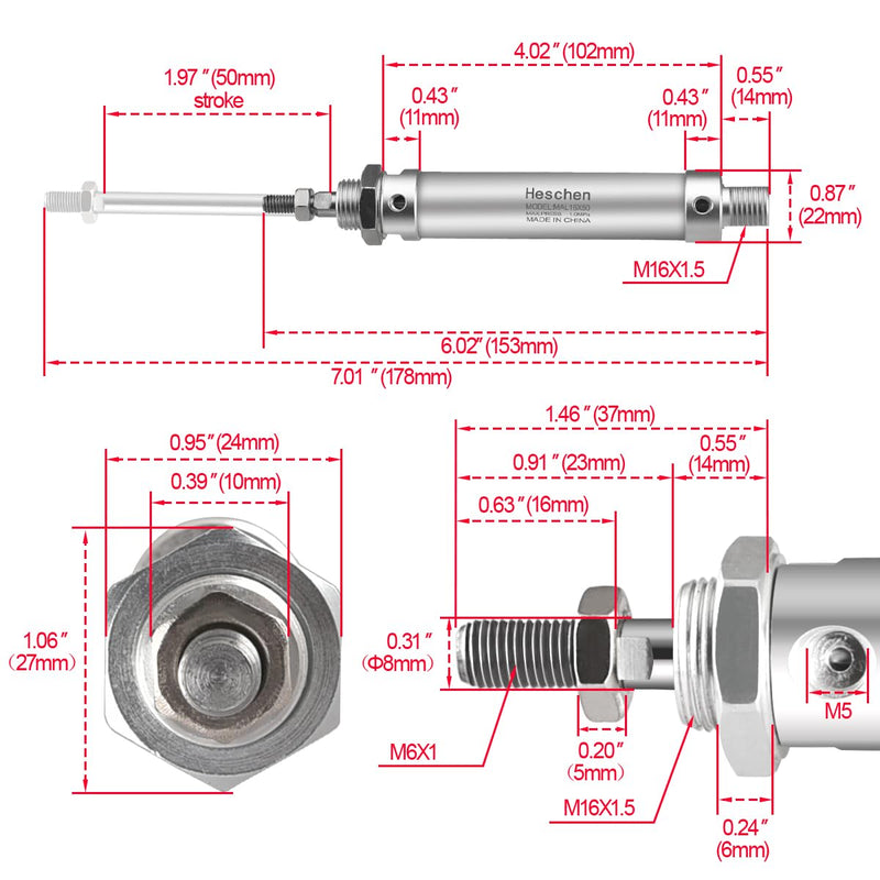 [Australia - AusPower] - Pneumatic Slim Air Cylinder, MAL 16-50, M5 Port, 16mm Bore, 50mm Stroke, Double Acting 
