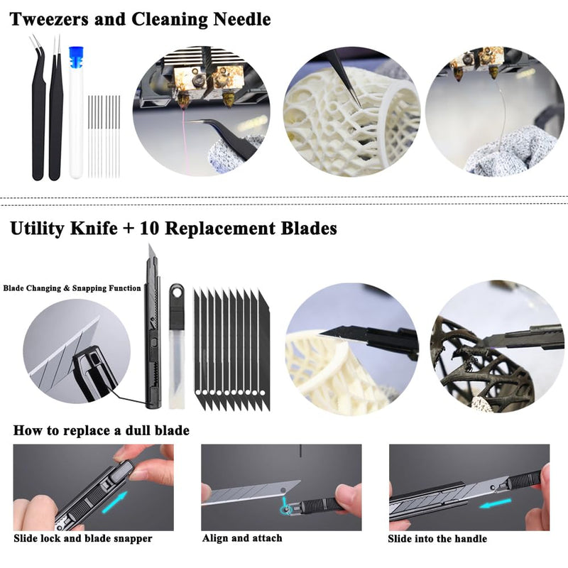 62PCS 3D Printer Tool Kit, 3D Post-Processing Accessories with Hand Drill, Deburring Tool, Cutter, Needle Files, Scrapers, Brushes, Tweezers, and Nozzle Cleaning Set for 3D Model Finishing Black bag 62pcs