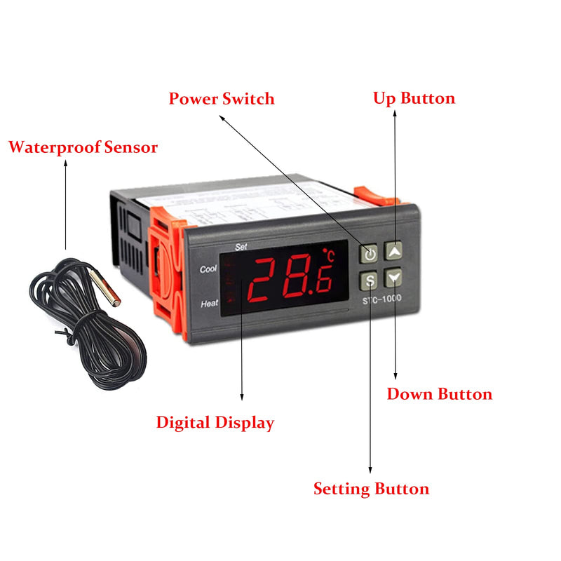 [Australia - AusPower] - STC-1000 Digital Temperature Controller,AC 10A 110V-220V Digital LED Temperature Controller Heating Cooling Centigrade Thermostat 2 Relays Output with NTC Sensor Probe (2 Pack) 