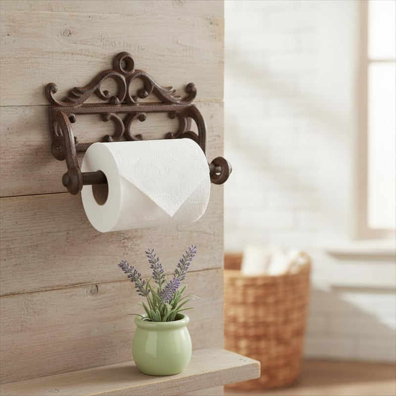 Comfy Hour French Scroll Decorative Cast Iron Toilet Paper Holder, Victorian Style Wall Mounted Paper Roll Organizer, Rustic Farmhouse Home Hardware, Antique Finished Metal, Brown, 1 Piece