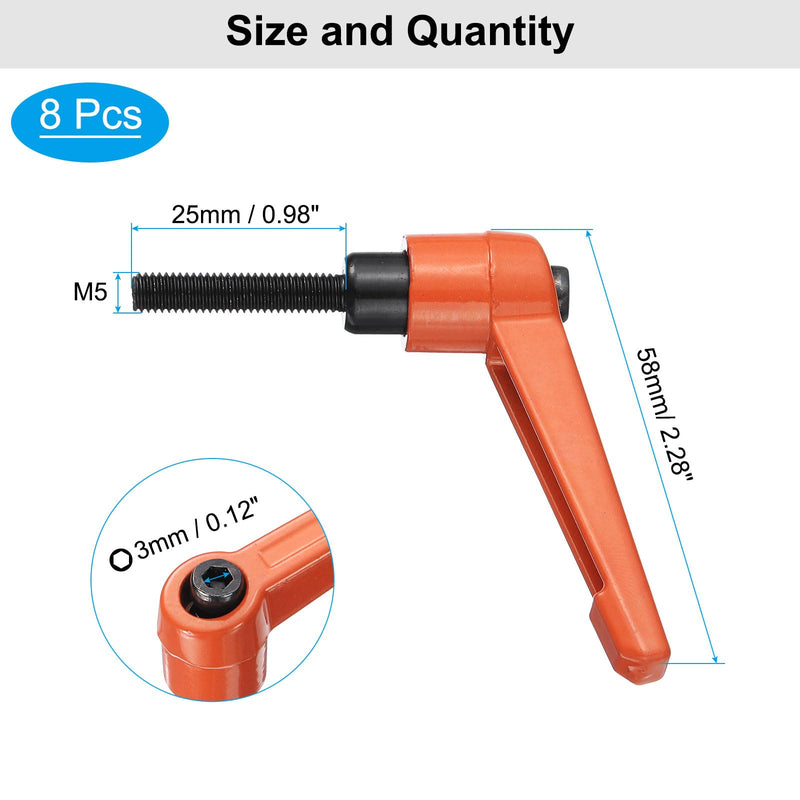 [Australia - AusPower] - uxcell 8pcs Lever Adjustable Handles M5 x 25mm Metric Male Thread, Level Clamping Handle Hand Stud Knobs Rotating Screw Handles Bolts with Locking Lever, Orange 