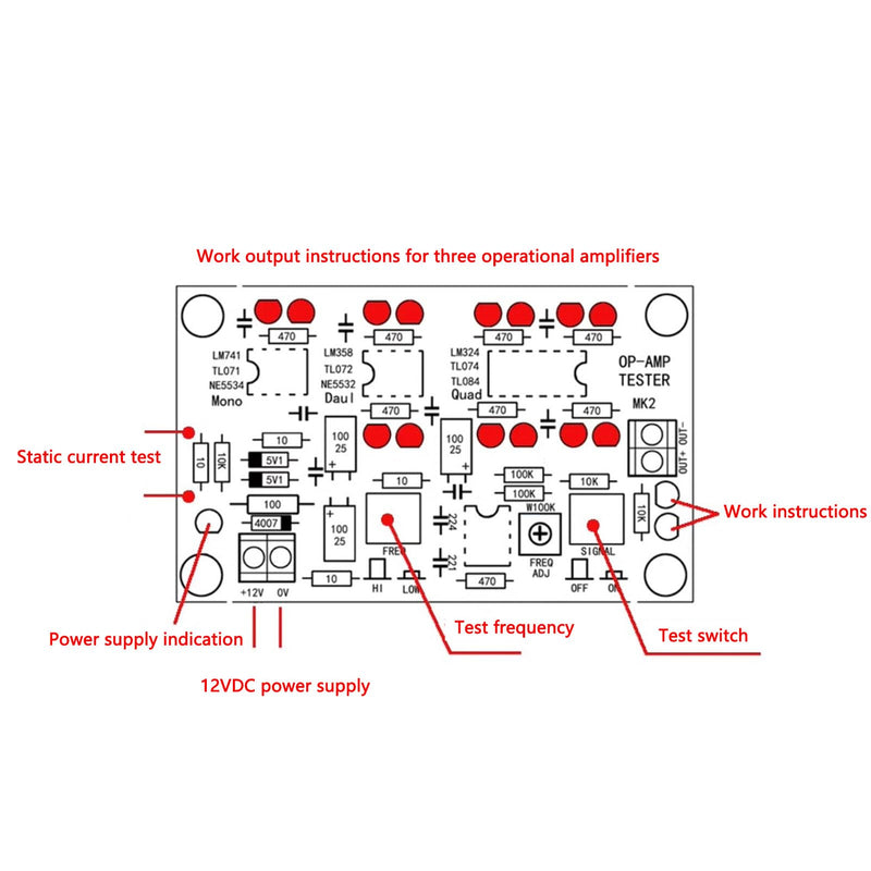 Operational Amplifier Test Board Op Amp Tester Module with LED Indicators for Single Dual Quad Op Amp IC Testing LM741 LM358 LM324