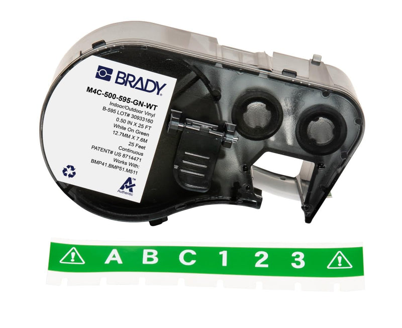Brady Authentic (M4C-500-595-GN-WT) All-Weather Permanent Adhesive Vinyl Labels 0.5 in W x 25ft White on Green. for use with BMP41, BMP51, M410, M510, and M511 Label Printers.