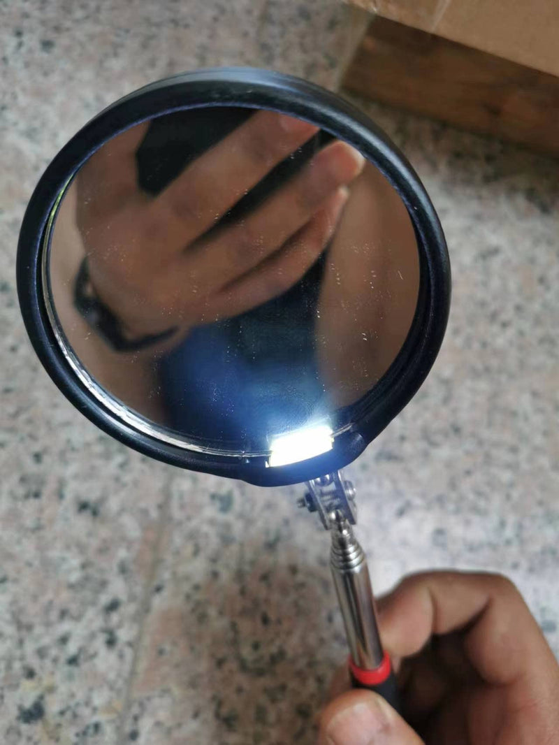 Inspection mirror telescoping with LED Lighted Round Mirror for Checking Vehicle, Observing Eyelashes Mouth and Other Small Parts Extended Mechanic Tool for Automotive and Shower Use mirror on a stick