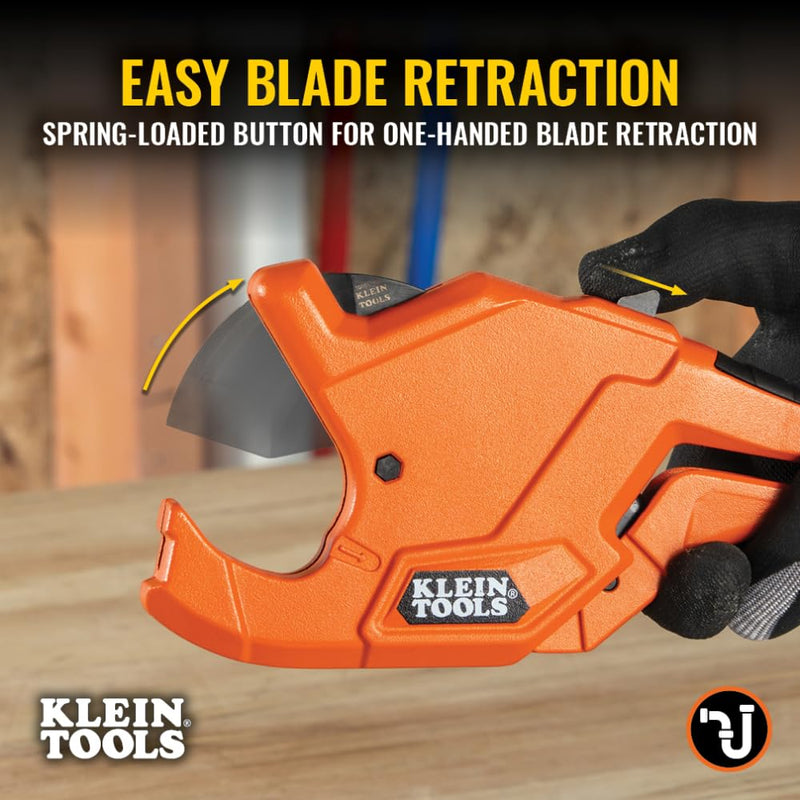 [Australia - AusPower] - Klein Tools 50044 Ratcheting PVC Pipe Cutter Tool, 1-1/4 Inch I.D. Cutting Capacity for PVC, CPVC, and PEX Pipes, One-Handed Blade Retraction 