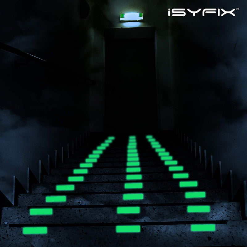 iSYFIX Glow in the Dark Strips Stickers - 30 Pack, 4x1 Inch - Premium Self-Adhesive Photoluminescent Vinyl, Safety Sticker, Perfect to mark Stairs, Exits, Steps, Garages, Home, Office, Switches, Walls