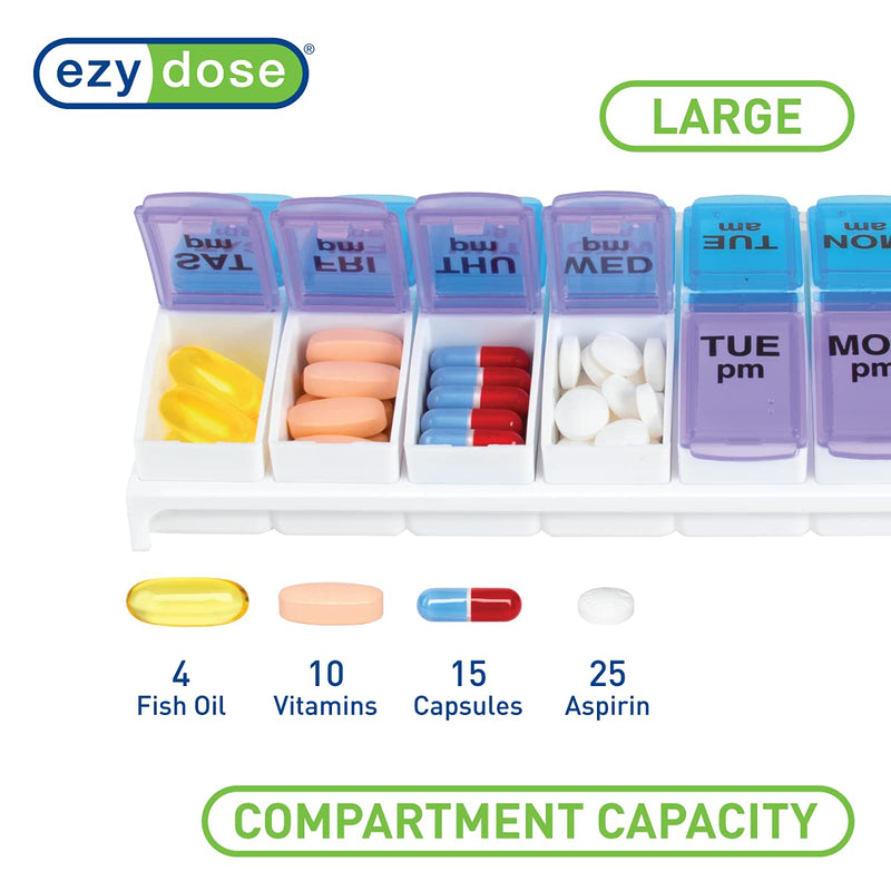 [Australia - AusPower] - EZY DOSE Weekly (7-Day) AM/PM Pill Case, Medicine Planner, Vitamin Organizer Box, Small Pop-out Compartments, 2 Times a Day, Blue and Purple Lids, BPA Free 1 Count (Pack of 1) 