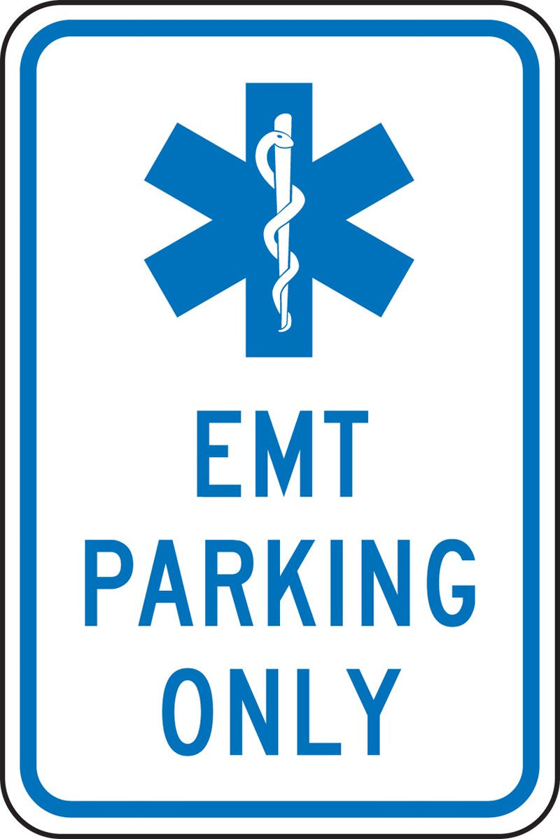 Accuform FRP376RA Engineer-Grade Reflective Aluminum Healthcare Facility Parking Sign, Legend "EMT Parking ONLY" with Graphic, 18" Length x 12" Width x 0.080" Thickness, Blue on White