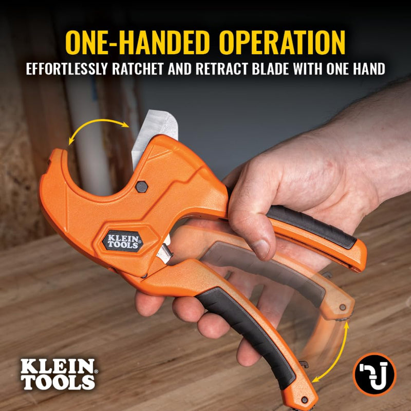 [Australia - AusPower] - Klein Tools 50063 Ratcheting PVC Pipe Cutter, Cuts 1-1/4-Inch I.D. PVC, CPVC, PEX Pipes, One-Handed Operation, Replaceable Blades 