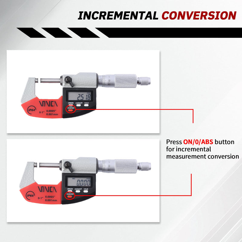 VINCA Absolute IP64 Origin Digital Micrometer, DMCA-0105 0-1"/0-25mm, 0.00005" /0.001mm Resolution, Hold Function, Carbide Tip 0-1"/25mm