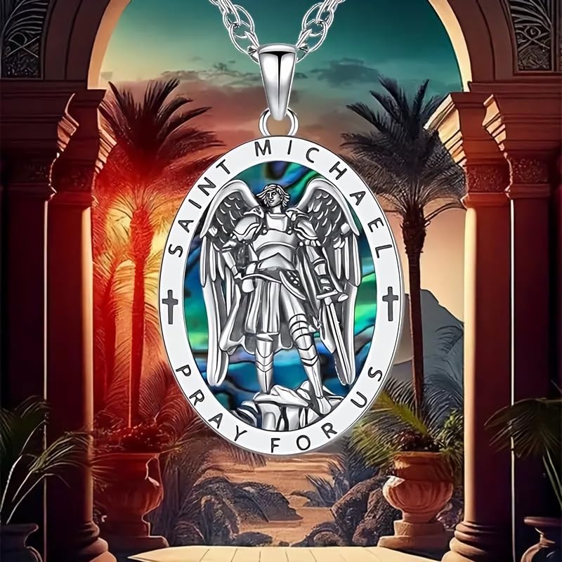 Saint Michael Necklace - St. Michael Archangel Pendant with Prayer Inscription, Stainless Steel Religious Jewelry for Men and Women, Protective Amulet with Abalone Shell Inlay