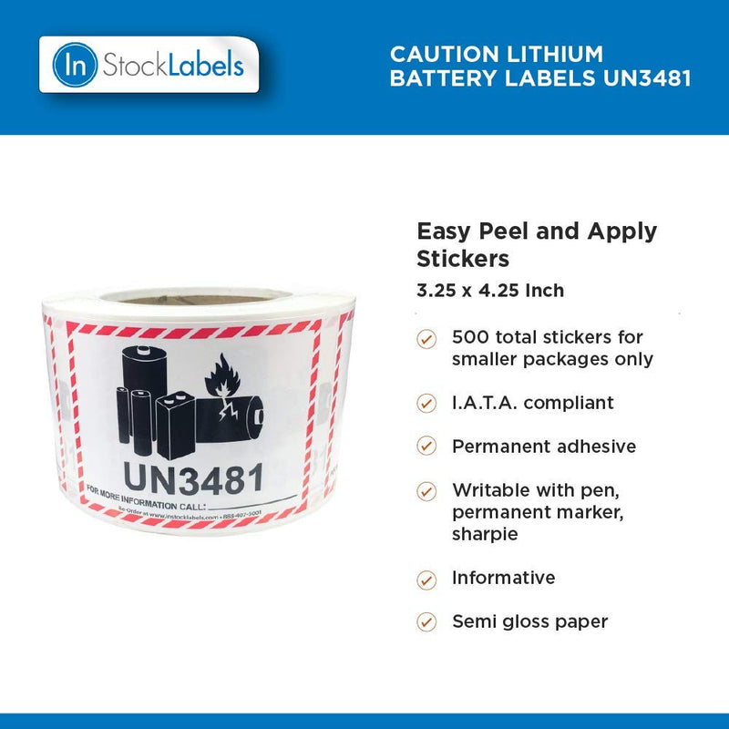 InStockLabels Lithium-Ion Battery Caution Label Stickers, 500 Labels, 3.25 x 4.25 Inch - Fragile Stickers for Shipping & Moving Lithium Ion Batteries, Strong Adhesive Safety Shipping Labels