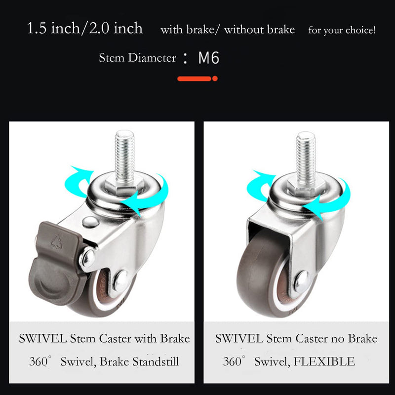 [Australia - AusPower] - Stem Casters, 360 Degree Swivel Stem TPR Wheels with Metric M6-1.0x15mm Thread Rods Replacement Industrial Castors for Carts, Furniture, Dolly, Workbench (1.5 inch with Brakes) 1.5 inch with Brakes 