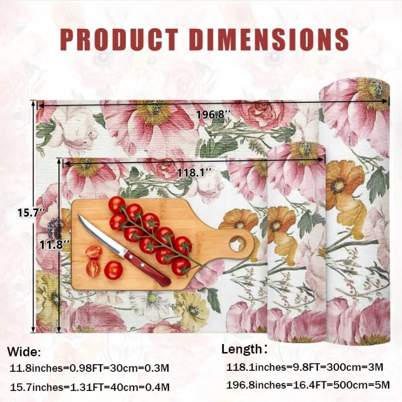 Quttisay Floral Shelf Liner Pink Cabinet Liner for Shelves 15.7In x 16.4FT Pink Floral 15.7"W x 196.8"L