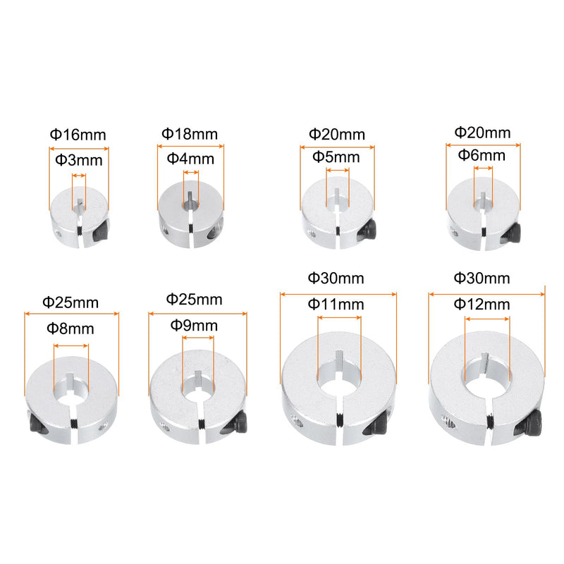 [Australia - AusPower] - uxcell 8pcs Single Split Shaft Collar Set 3mm 4mm 5mm 6mm 8mm 9mm 11mm 12mm Bore Drill Stop Collar Set, Aluminum Alloy Set Screw Split Clamping Collars 