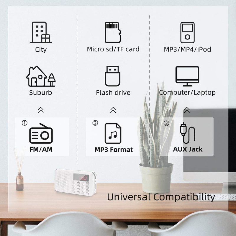 [Australia - AusPower] - Mini Portable Radio AM FM Pocket Radio with MP3, LED Flashlight, Digital Radio Speaker Support Micro SD/TF Card/USB, Auto Scan Save, 1200mAh Rechargeable Battery Operated, by PRUNUS White 