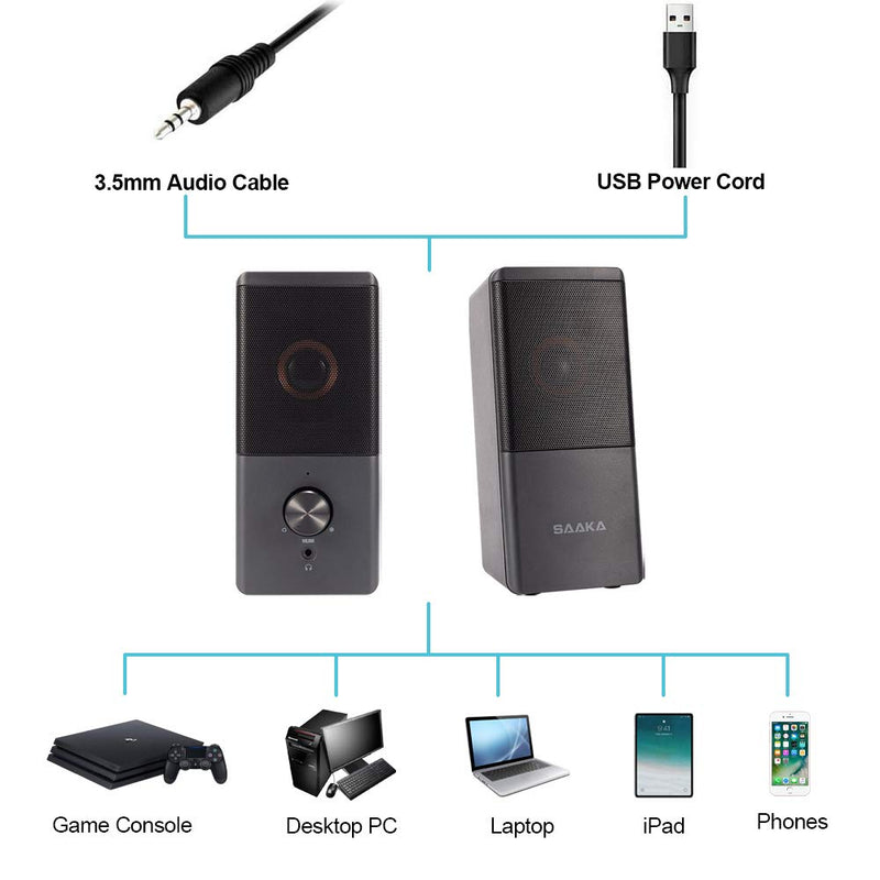 [Australia - AusPower] - Computer Speaker, Compact Size Speaker with Headphone Jack, Enhanced Bass and Volume Control, Stereo 2.0 USB Powered 3.5mm Aux Multimedia Speakers for Laptop/Desktop/Tablets/Phone 