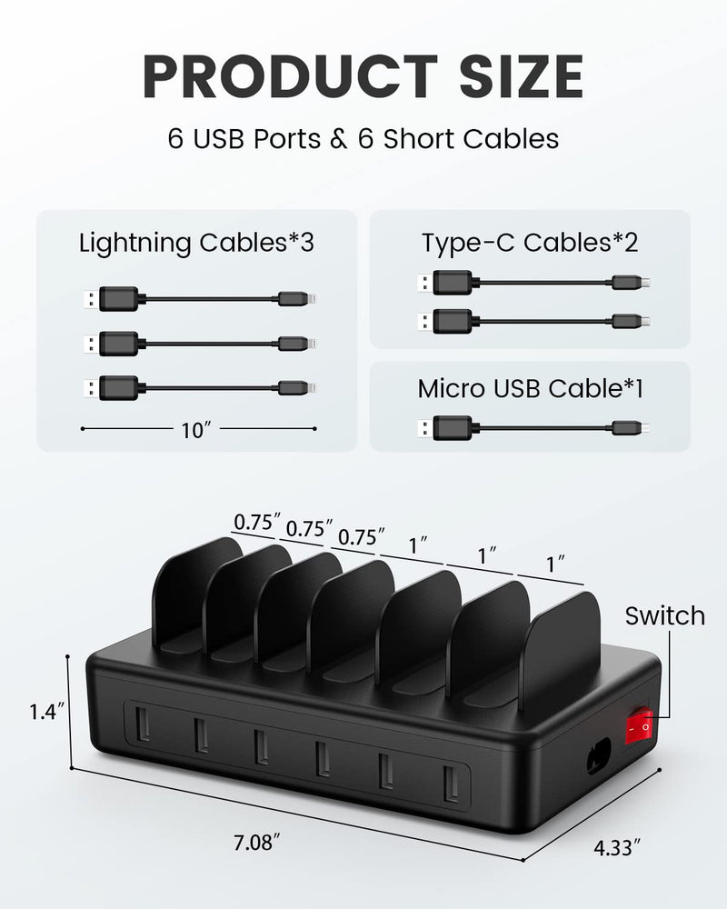 [Australia - AusPower] - CREATIVE DESIGN Charging Station, 50W 6 Ports Multi Charger Station with 6 Charging Cables, USB Charging Dock for Multiple Devices, Compatible with Cellphone iPad Kindle Tablet and Other Electronic Black 