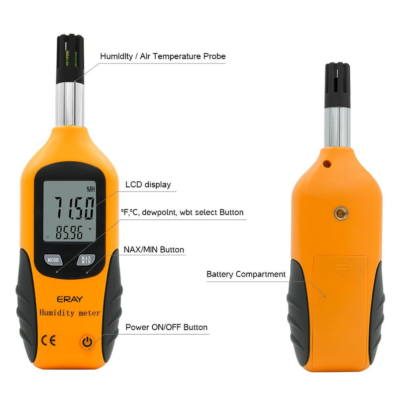 [Australia - AusPower] - Digital Psychrometer Thermometer Hygrometer with Backlight, ERAY Temperature and Humidity Reader Meter Thermo-Hygrometer with Dew Point and Wet Bulb Temperature, 9V Battery Included(Yellow) Yellow 