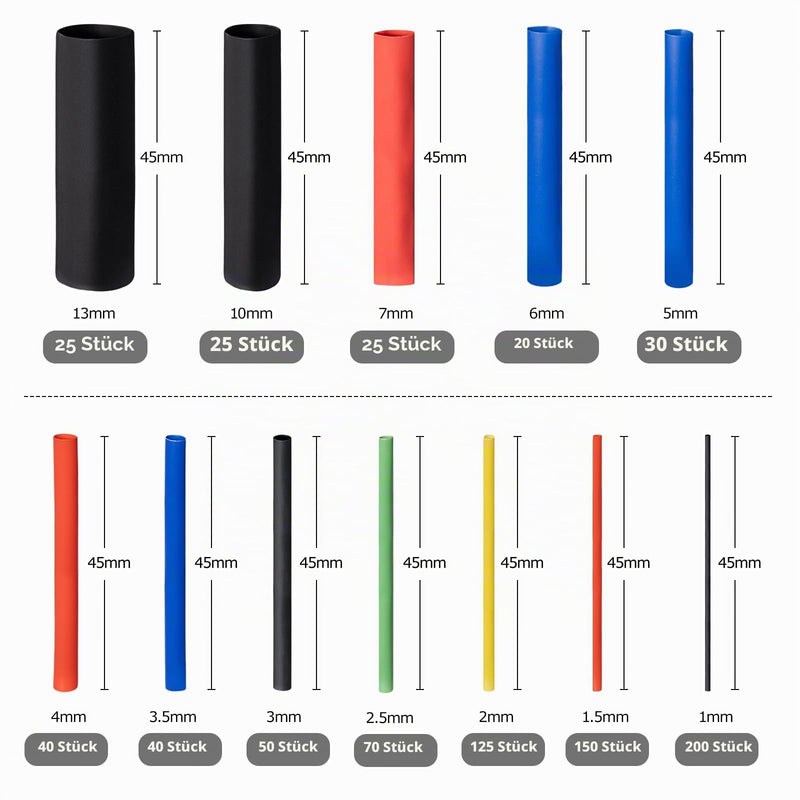 Heat Shrink Tube Set, 800 Pieces Heat Shrink Tubes Waterproof Heat Shrink Tube Assortment Black Blue Red Yellow Green 1-13 mm for Cable Insulation Charging Cable 5 Colors (800 Pieces)