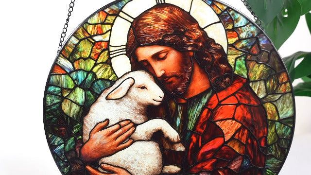 Jesus Little Lamb Stained Glass Window Hanging Suncatcher Easter Gifts 6.3" Red and White 6.3x6.3 IN