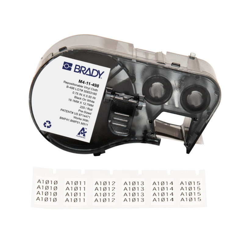 Brady Authentic (M4-11-498) Repositionable Multi-Purpose Vinyl Cloth Labels 0.5" H x 0.75" W Black on White, 220 Labels. for use with the BMP41, BMP51, and M511 Label Printers