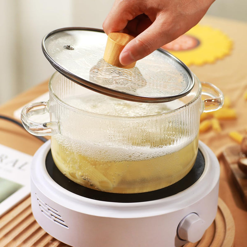 Clear Glass Cooking Pot With Lid And Brush On Stove - 1.5L(51oz) Borosilicate Glass Simmer Pot With Cover - Glass Cookware Stovetop Pot Set For Pasta Noodle, Soup, Milk 1.6 Quarts
